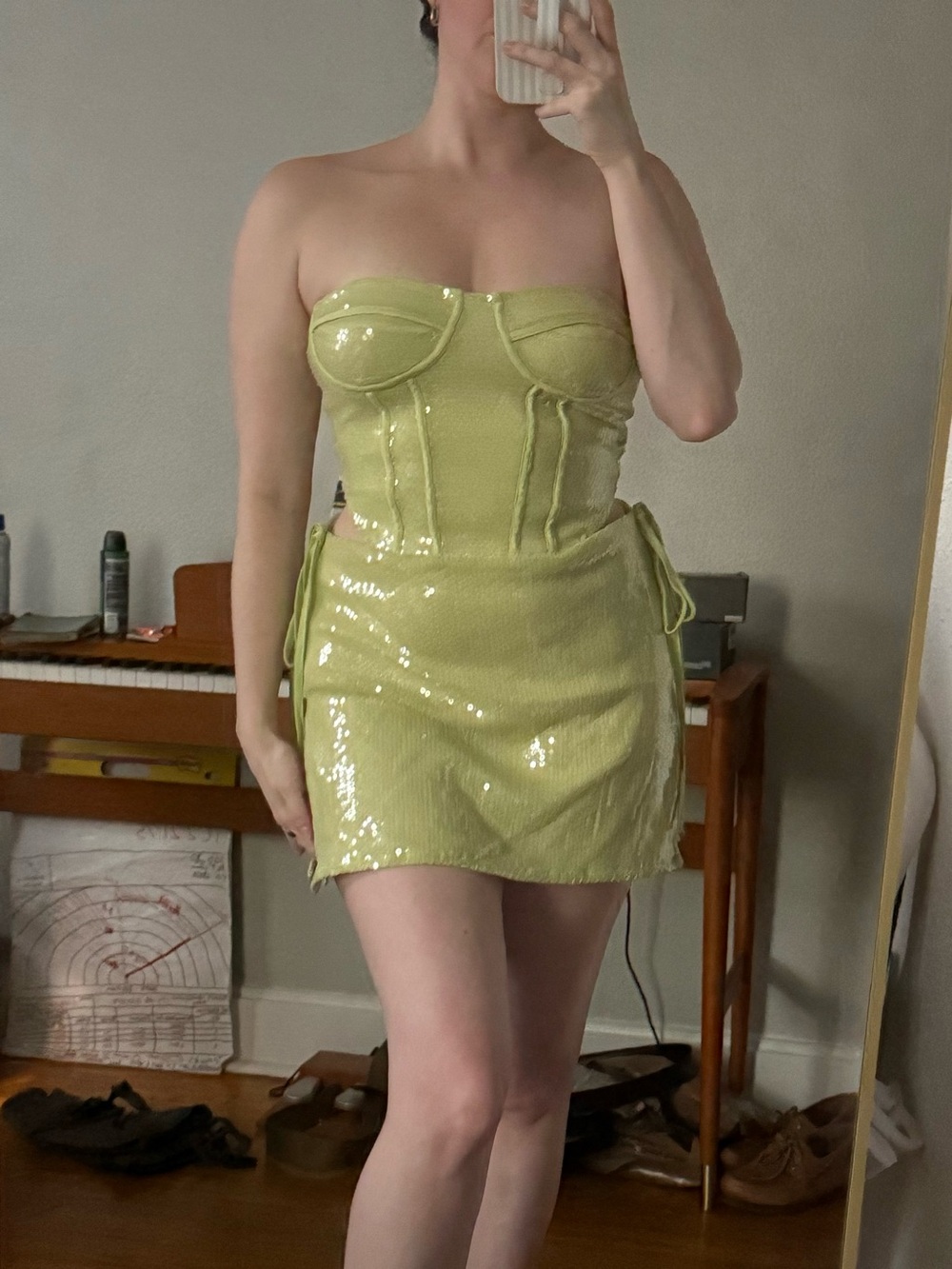 Strapless Sequin Corset Mini Dress in Light Lime